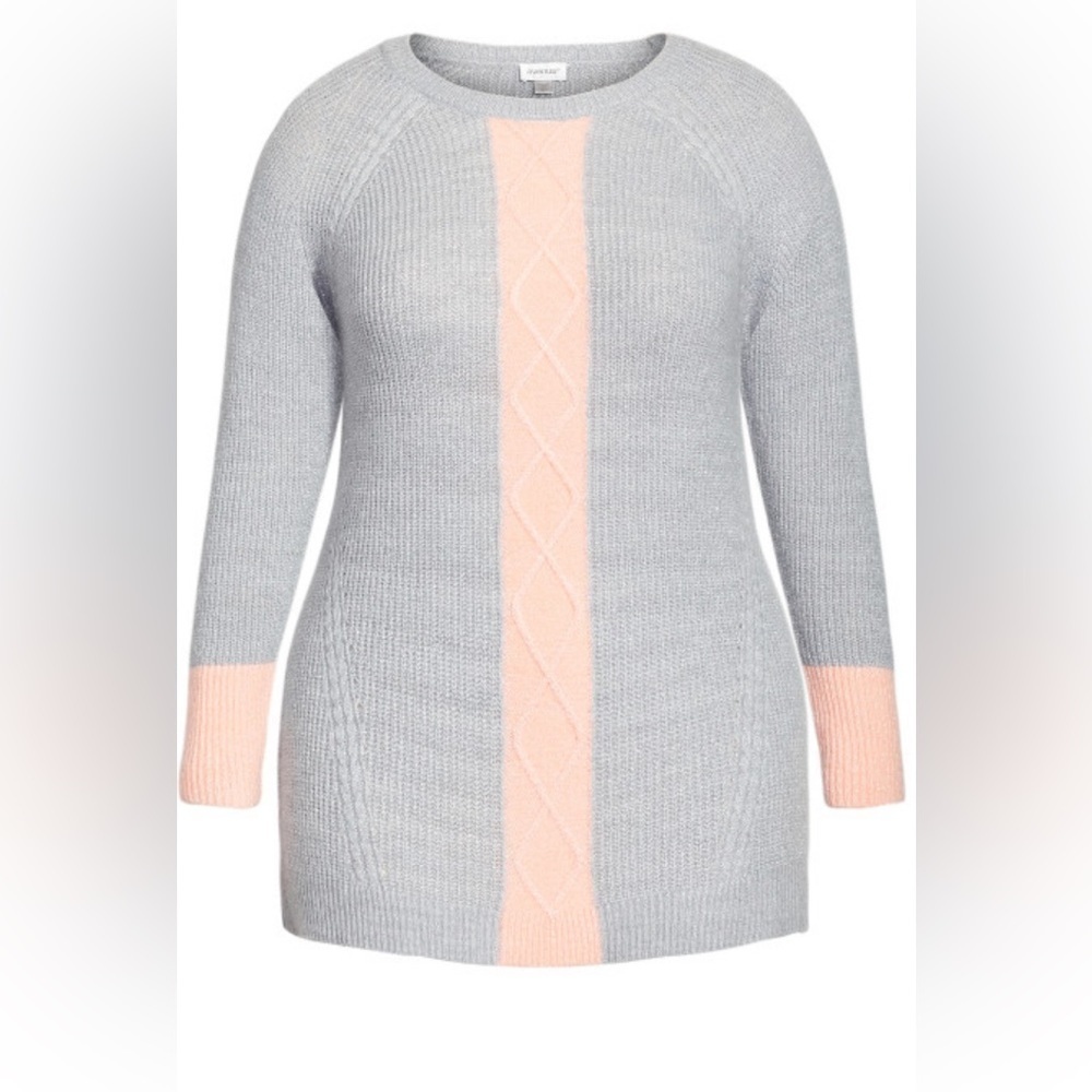 Avenue plus size 26/28 NWT colorblock gray pink  lurex sweater cable knit pastel